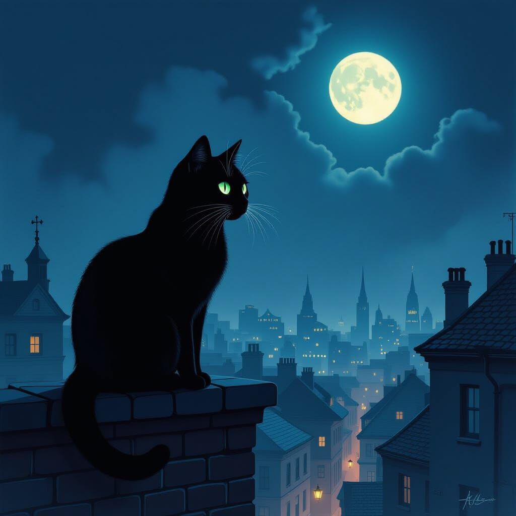 Black Cat on Rooftop, Drawn to Mysterious Alley Glow