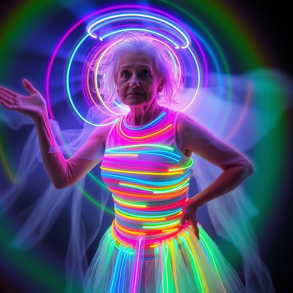 Fluorescent Halo Dress on Older Woman