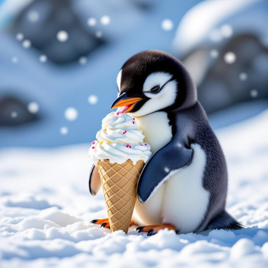 Cute Baby Penguin Enjoys Ice Cream in Snowy Landscape