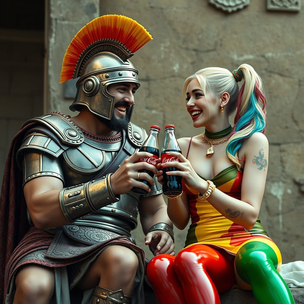 Roman Soldier & Harley Quinn Share Coca-Cola