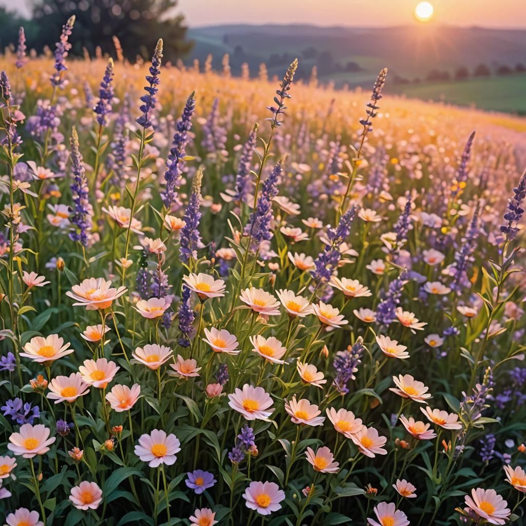 Impressionistic Sunset: A Pastel Floral Panorama