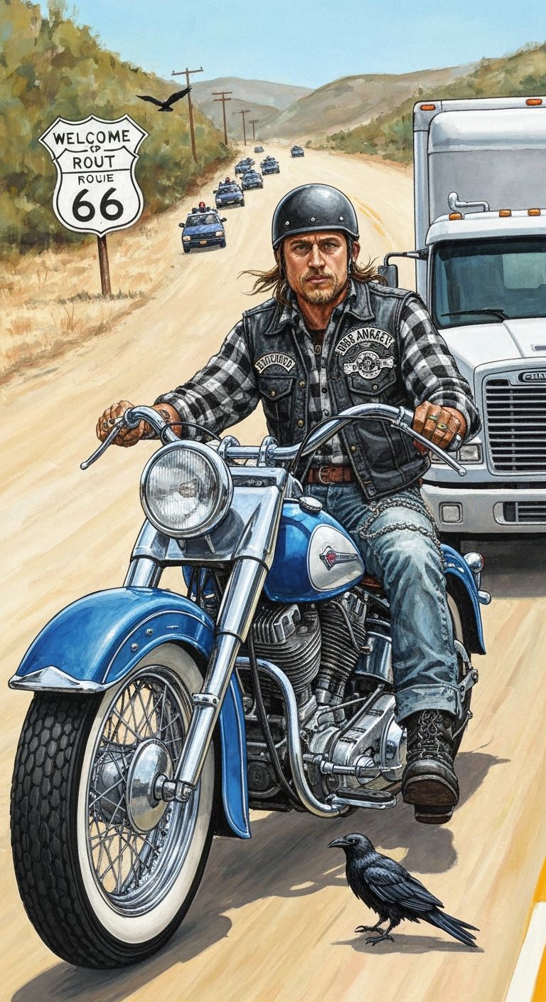 Biker Chase on Route 66: Gouache Style Painting