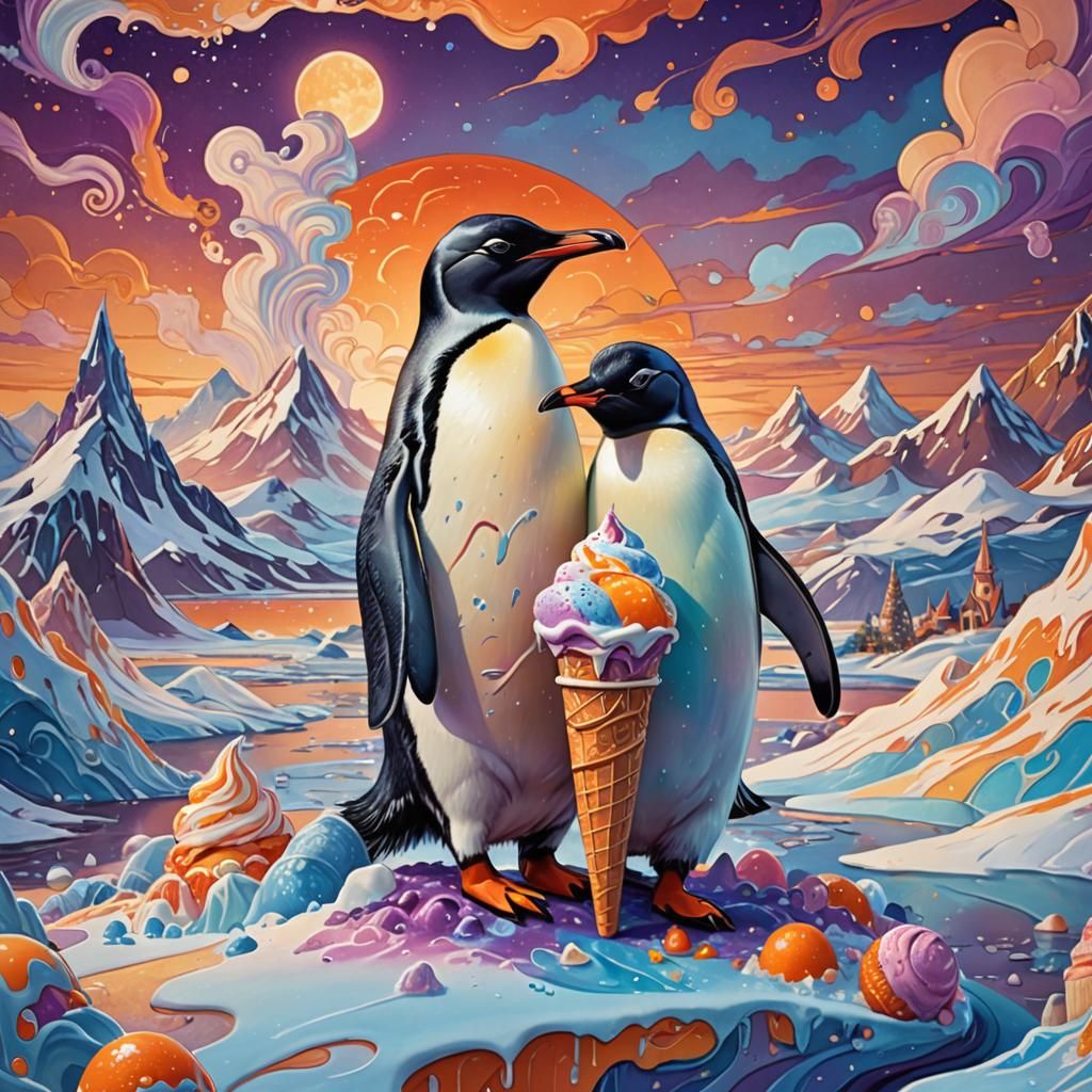 Penguin Enjoys Ice Cream in Fantasy Landscape