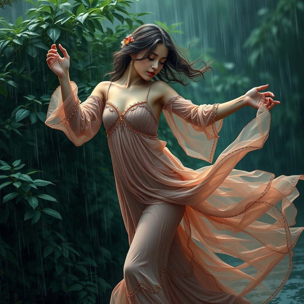 A young woman in a flowing, semi-transparent outfit with delicate, beaded accents, dances in the rain, surrounded by lus...