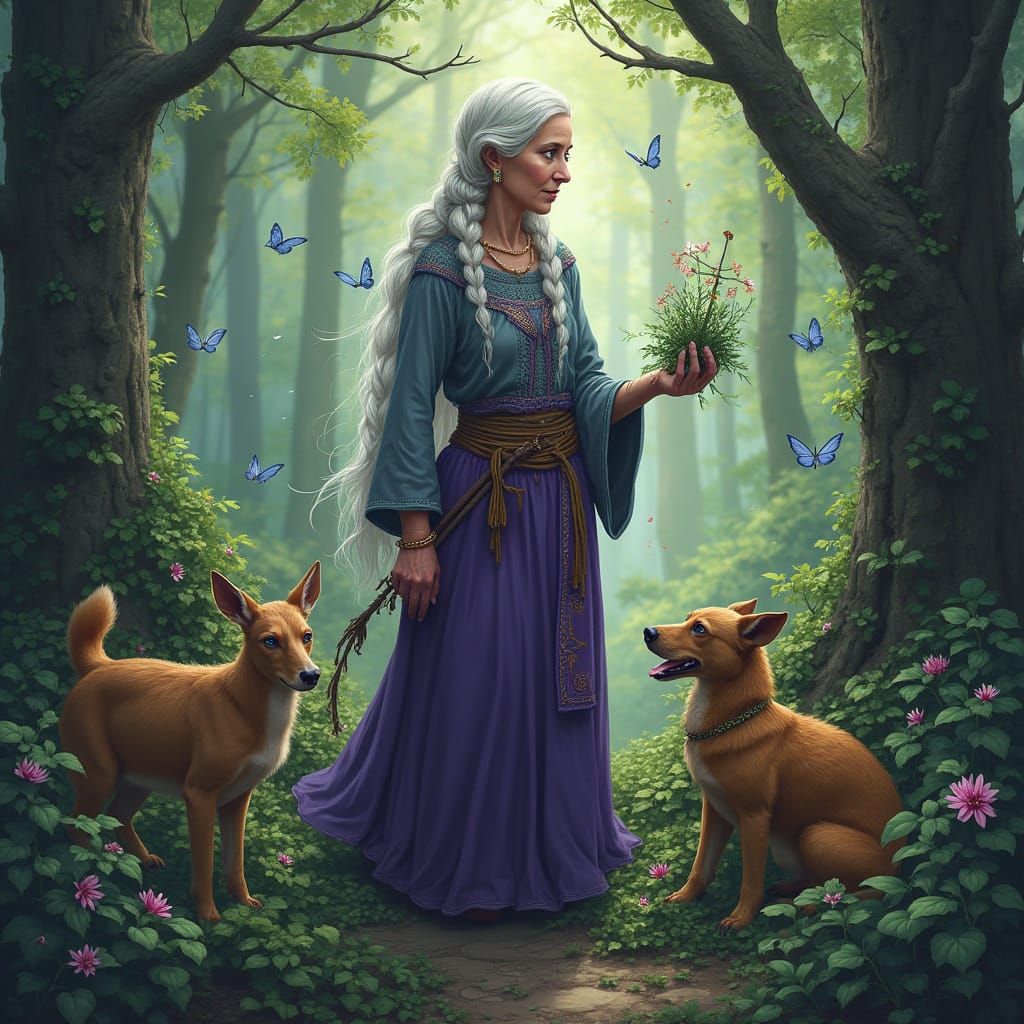 Elder Woman of the Woods Gathering Herbs