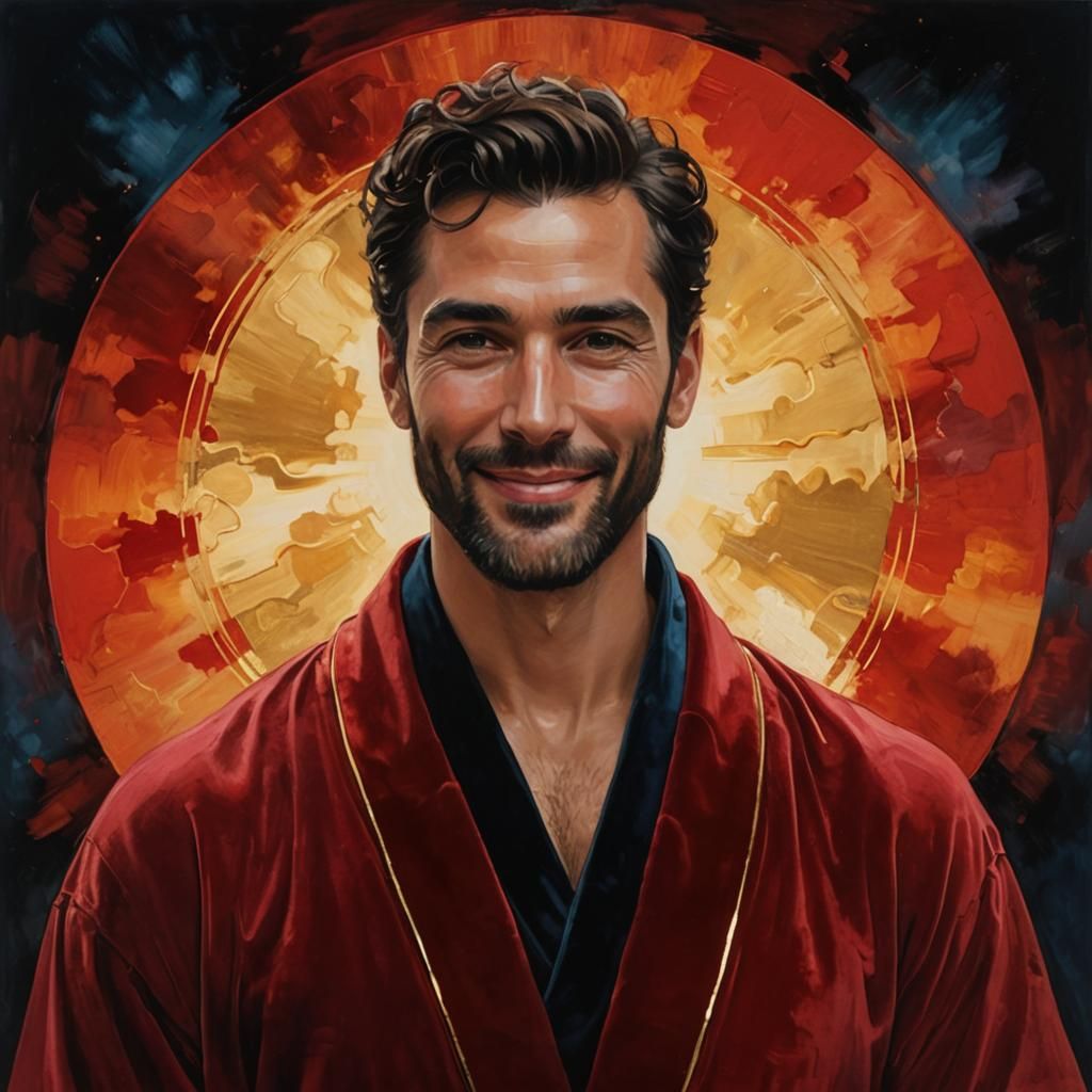 Expressionist Portrait: Smiling Saint in Red Velvet, Impasto...