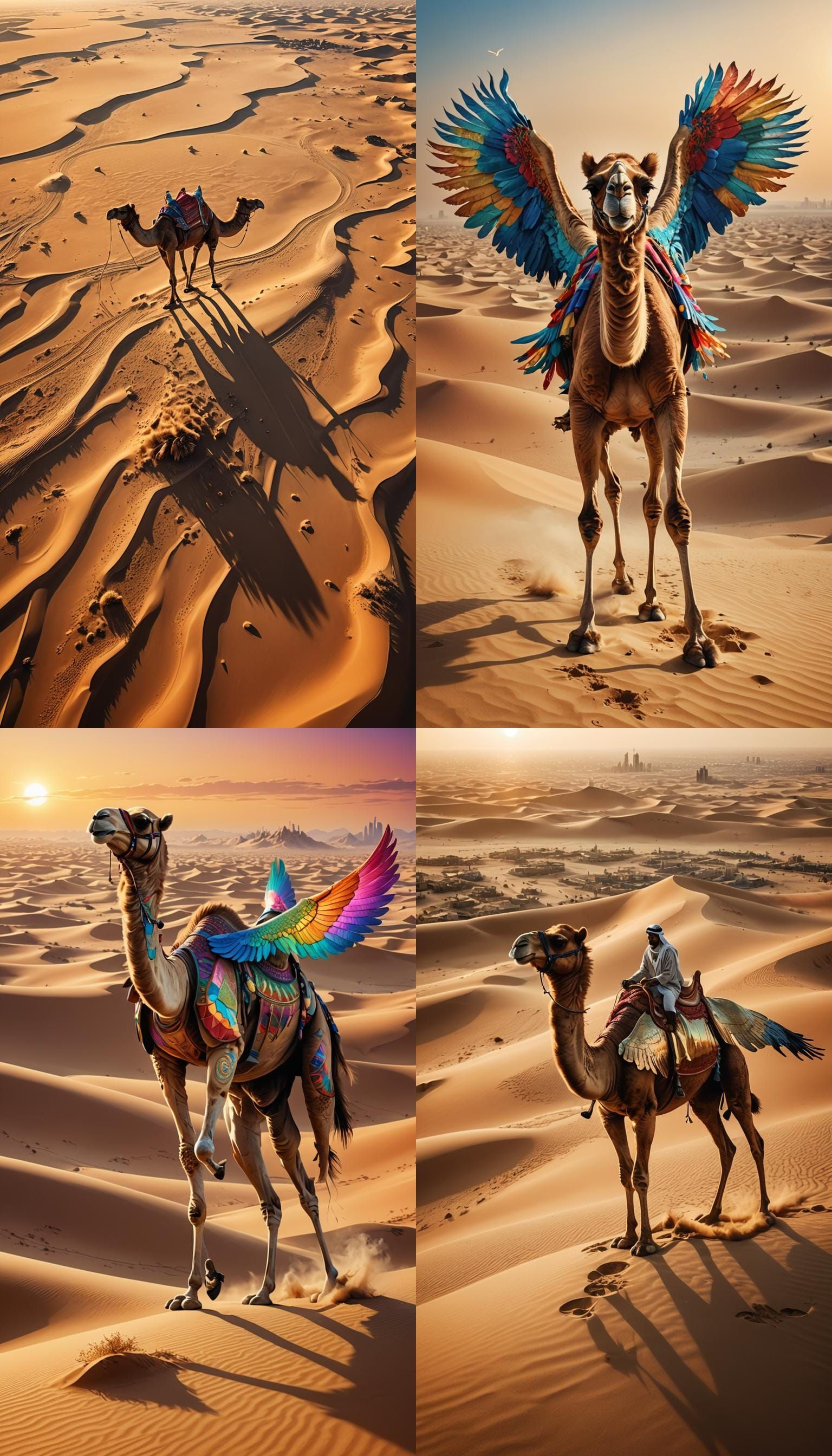 Winged Camel Flight Over Dubai Desert