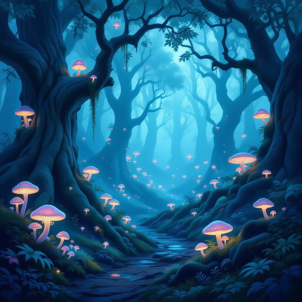 Enchanted Forest Glowing Fog and Luminescent Fungi