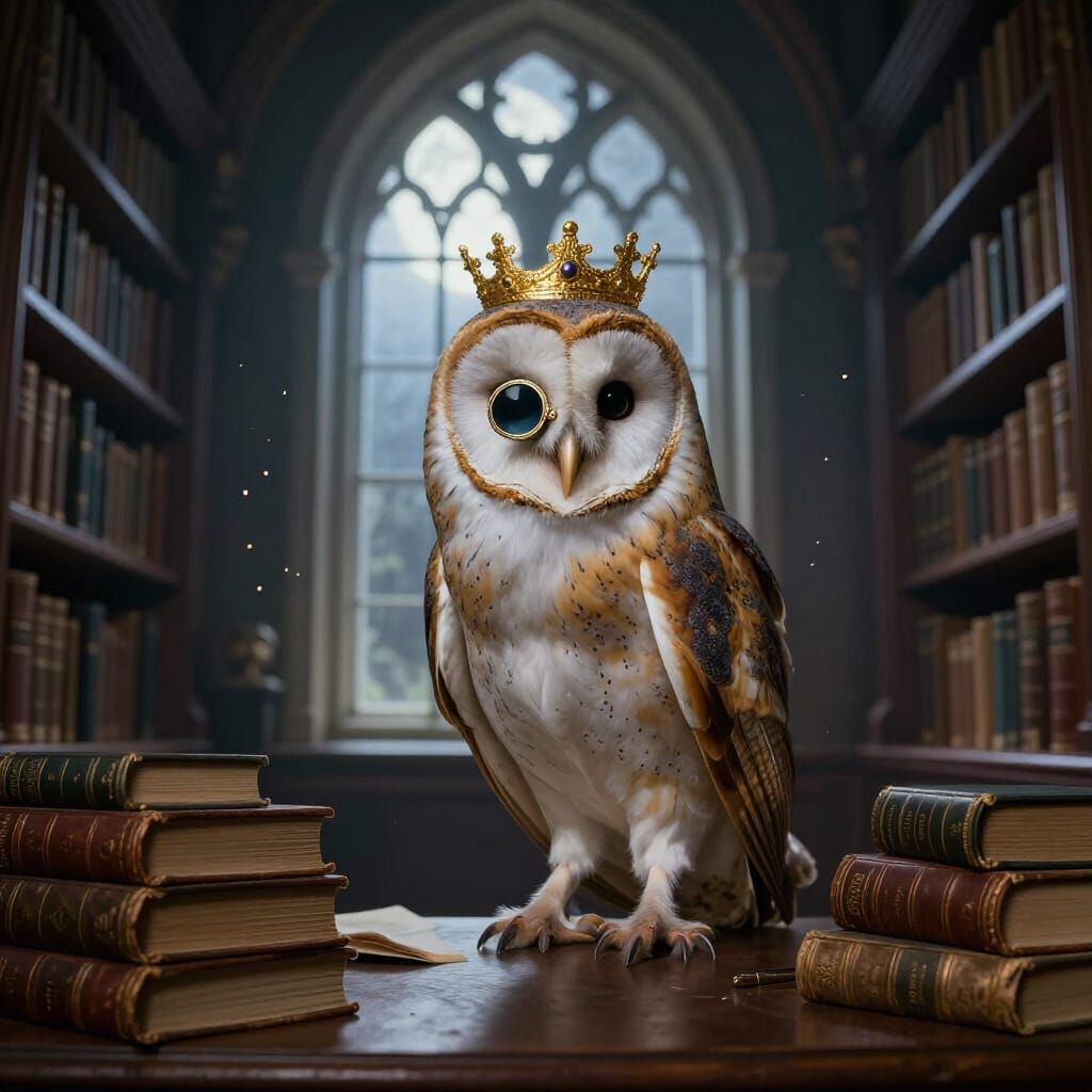 Majestic Owl Scholar in Moonlit Library