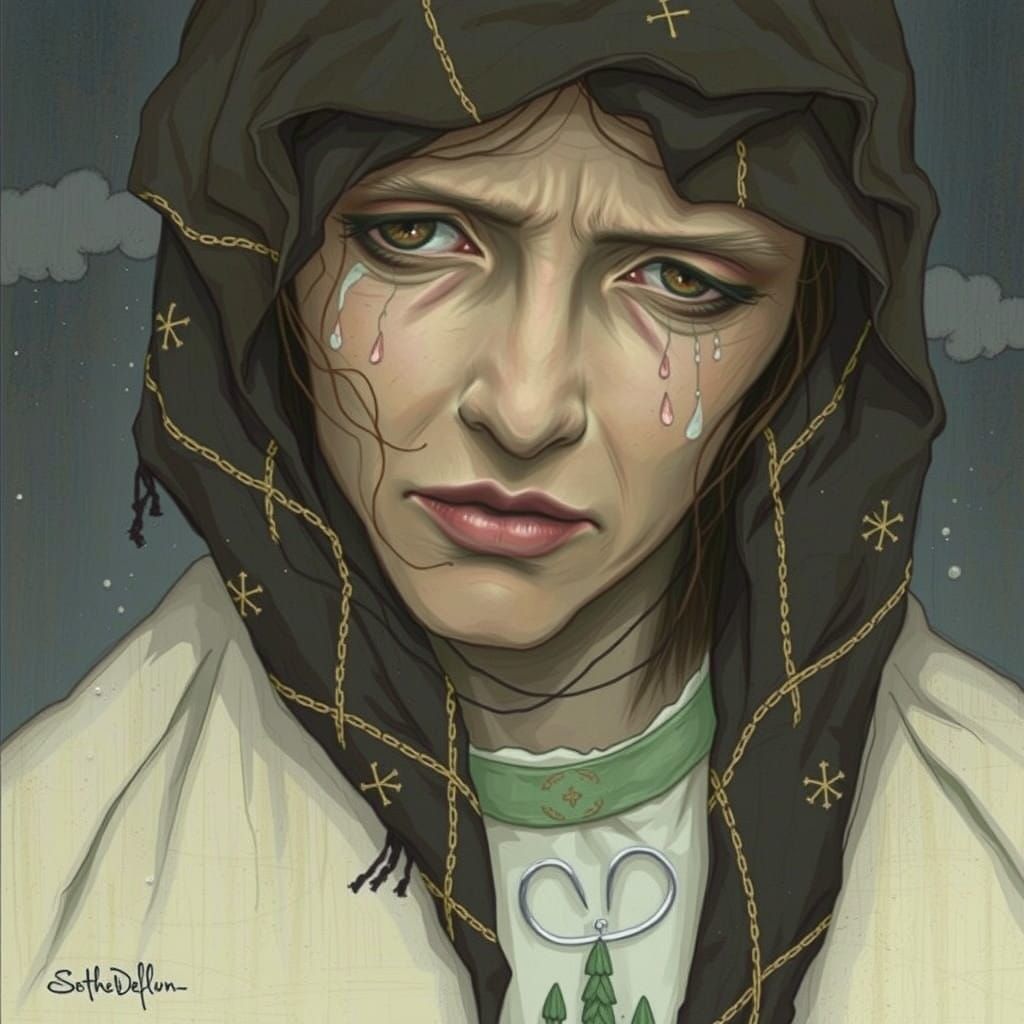 Elegant Holy Woman in Earth-Toned Robes, Set Against a Seren...