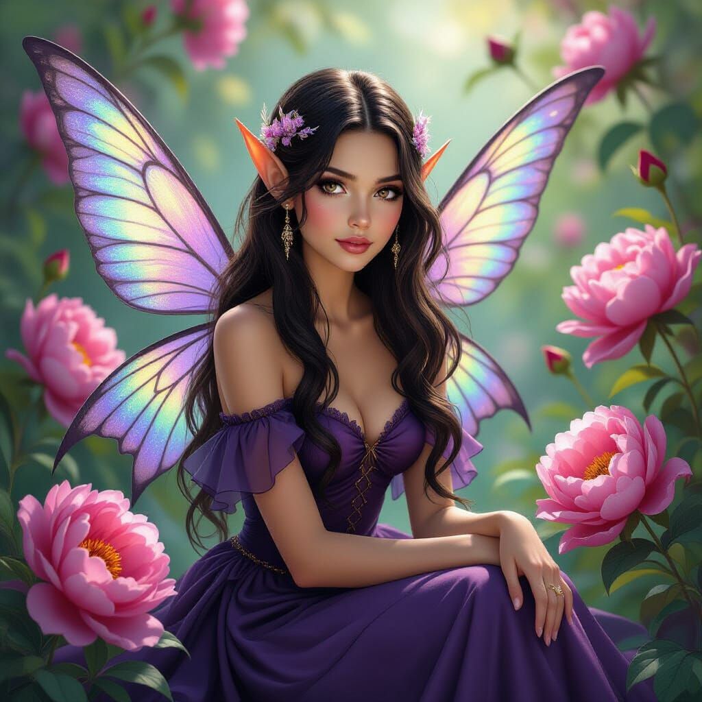 Fairy in Dark Purple Dress Amidst Peonies