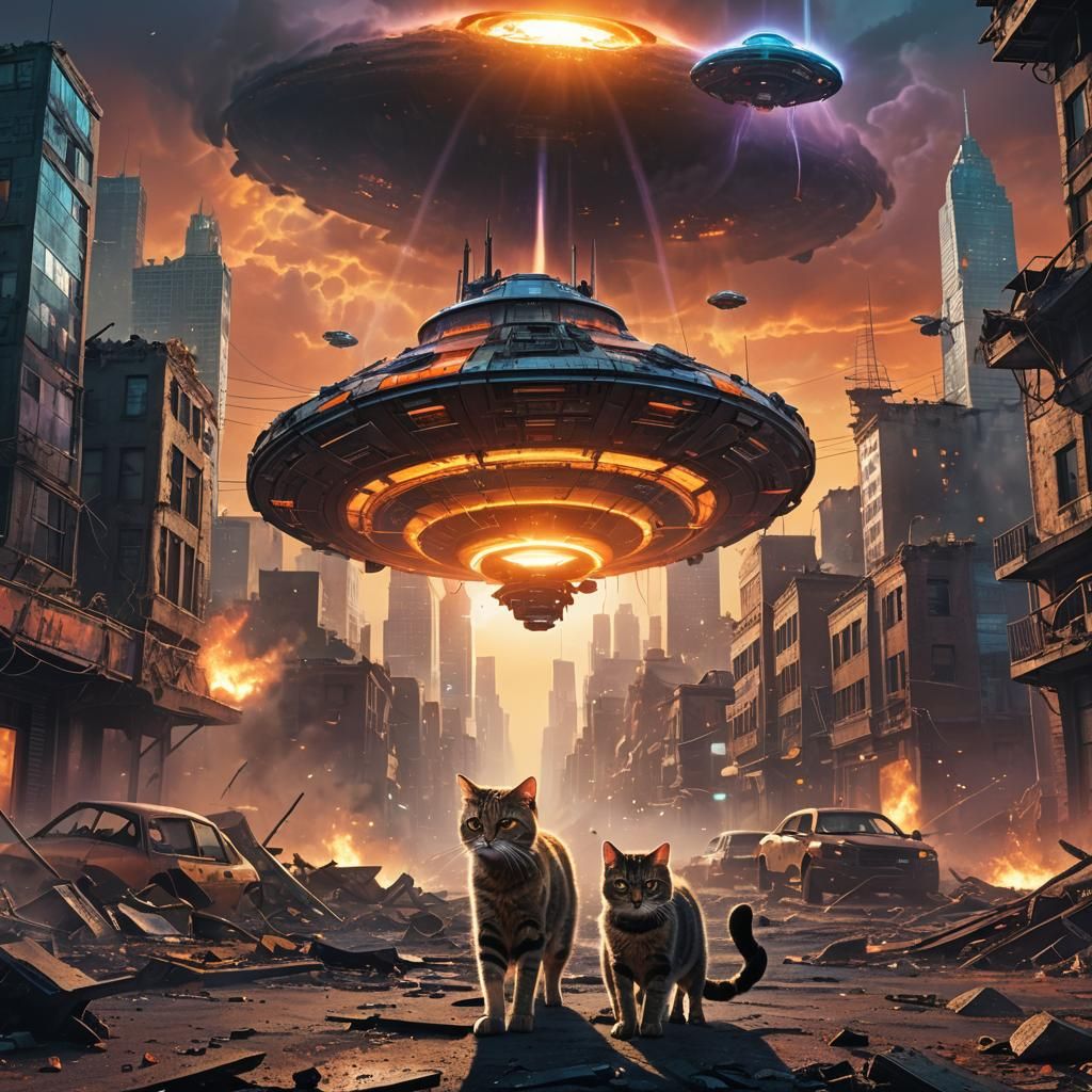 Epic Battle: UFO Versus Cat in Ruined Cityscape