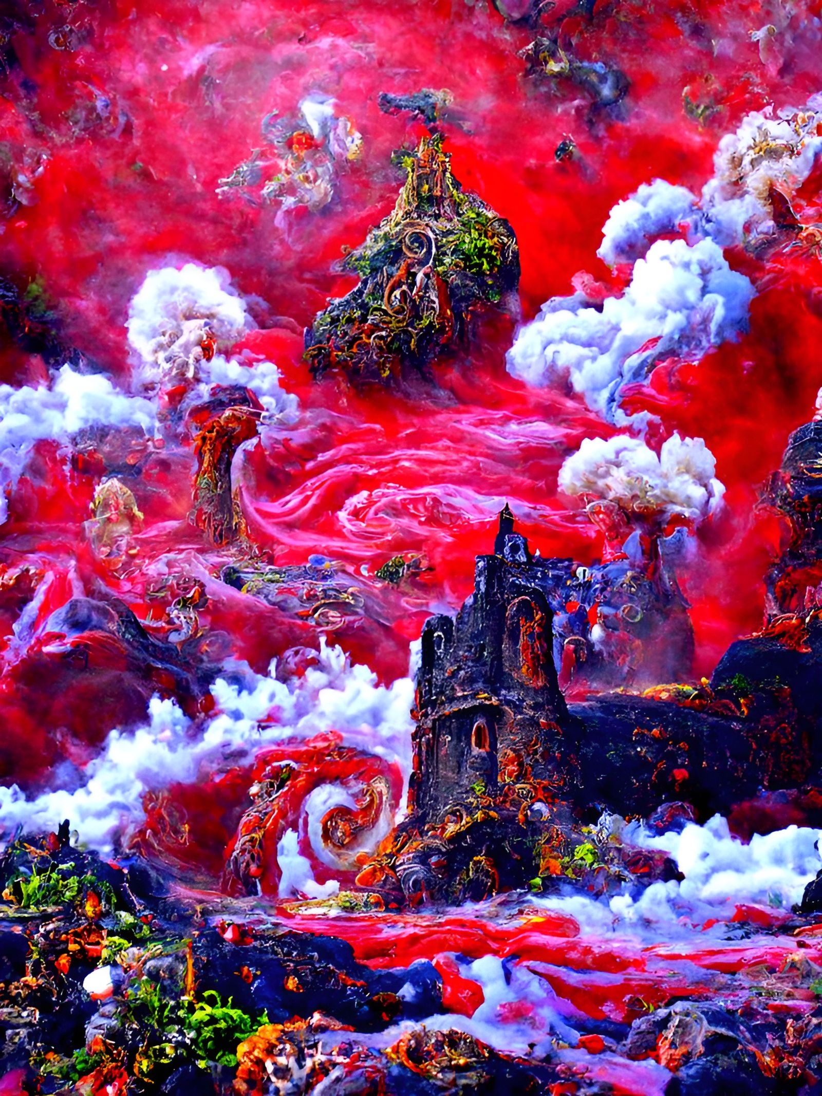 Surreal Medieval Landscape with Lava and Druids