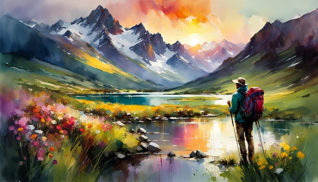 Majestic Mountain Sunset: Watercolor Painting