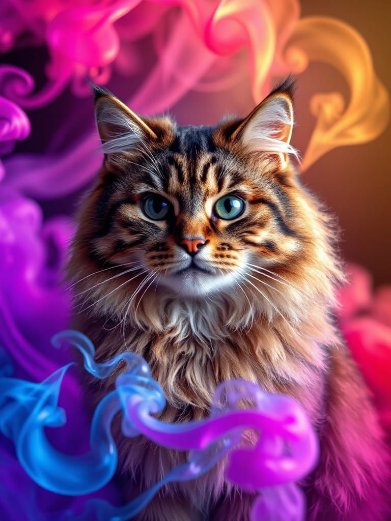 Photorealistic Tabby Cat in Vivid Colorful Smoke