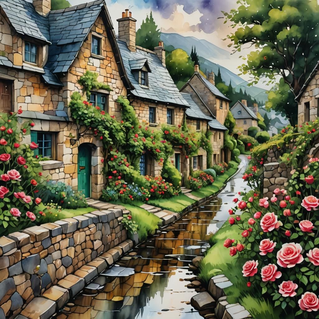 Picturesque Stone Cottages in Alcohol Ink Style