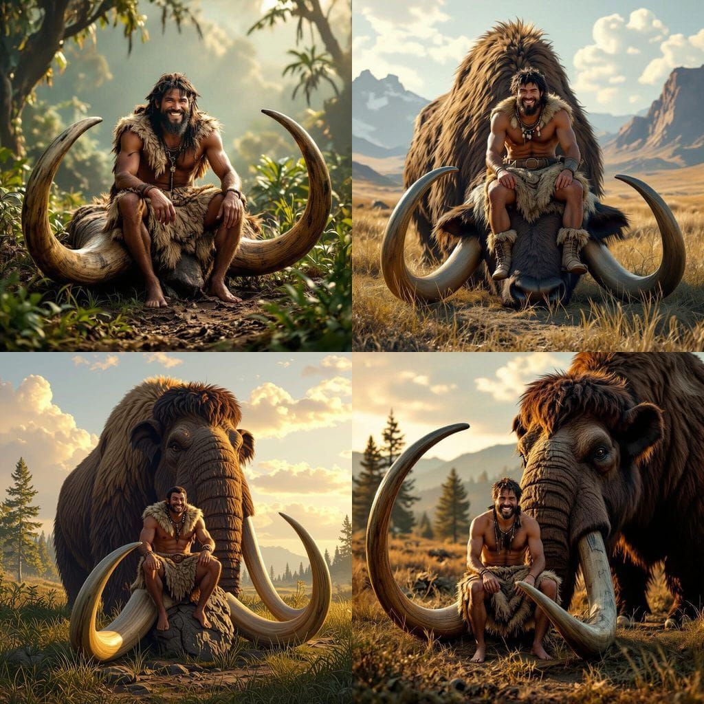 Prehistoric Man Grins on Mammoth Tusk in Realistic Landscape
