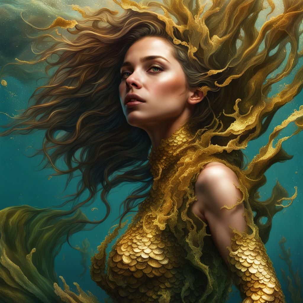 Hyperrealistic Mermaid in Gold Seaweed Scales