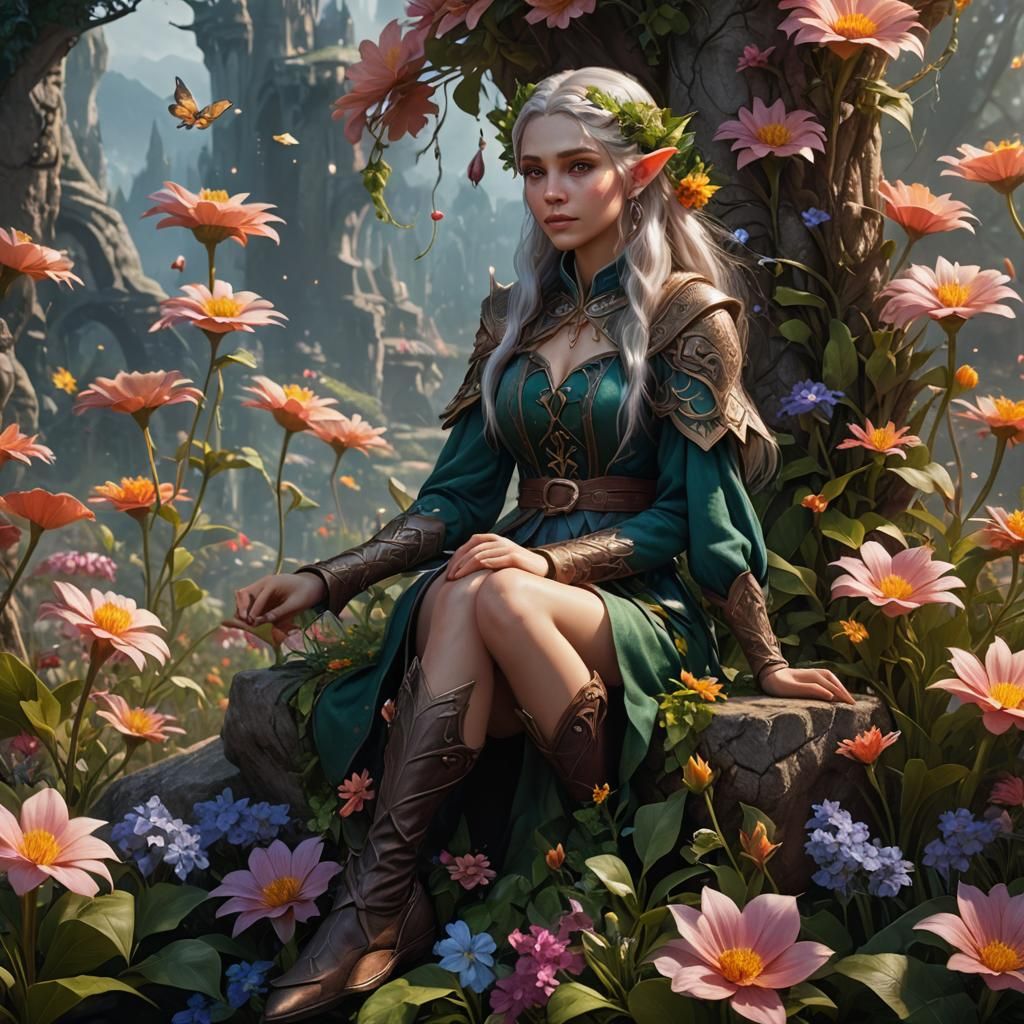 Charming Elf Girl on Flower, Detailed Fantasy Art