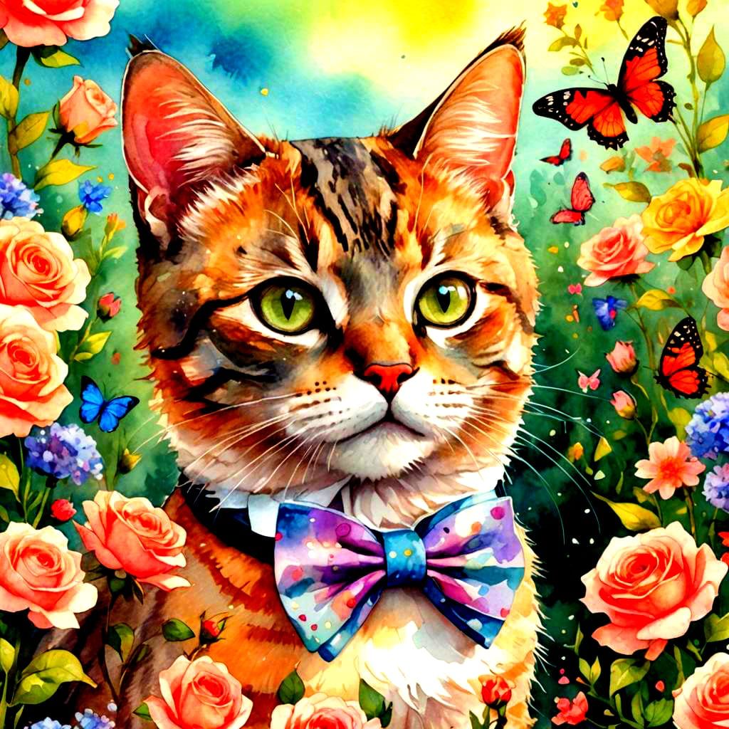 Cute Cartoon Cat with Pink Bowtie and Flowers