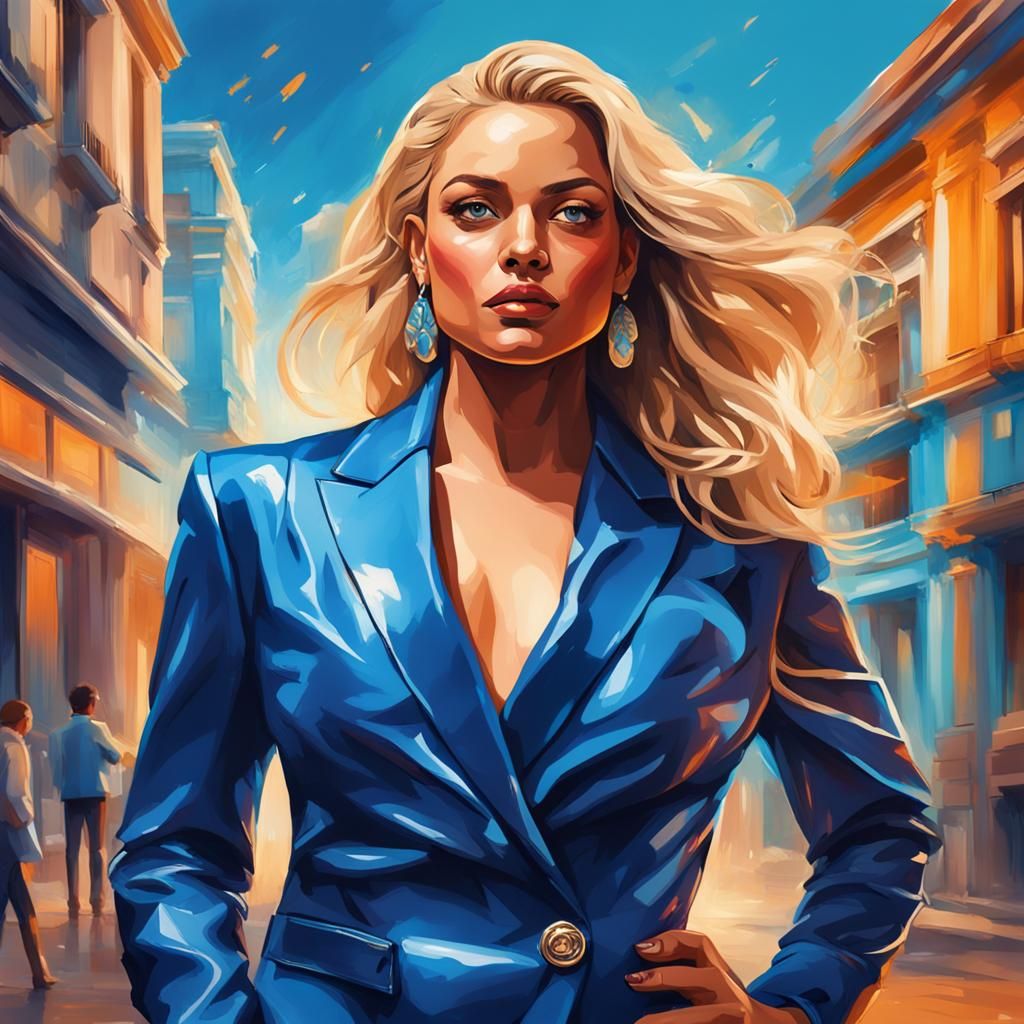 Glamorous Blonde Woman in Blue Suit: Hyperrealistic Art