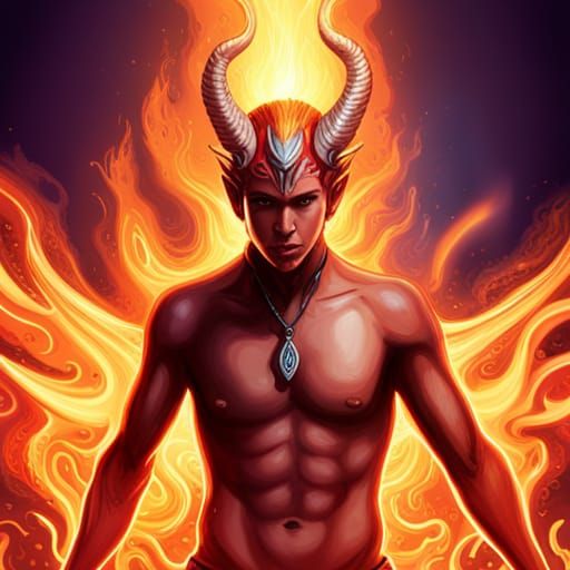 Fiery Tiefling with Wings and Horns