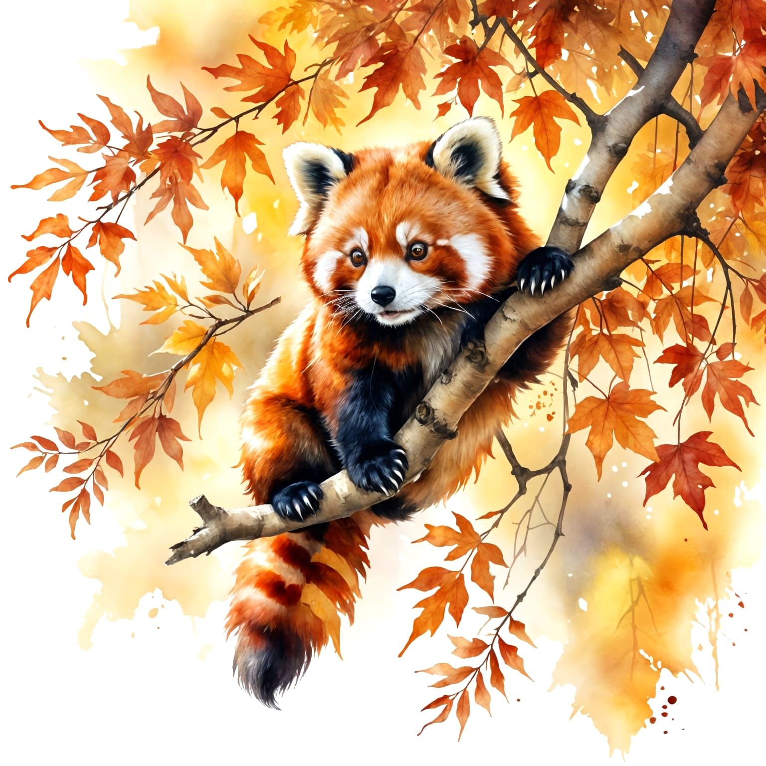 Cute Red Panda Perched on Maple Branch in Autumn Sunlight
