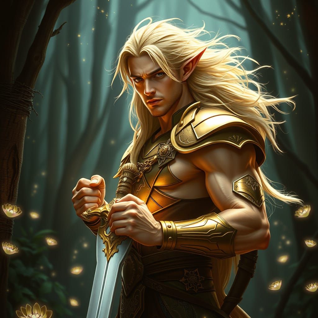 Elf Warrior in Bioluminescent Forest, Fantasy Concept Art