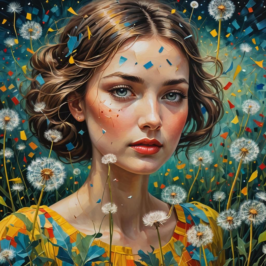 Dandelion Dreamscape: Surrealist Painting in Vibrant Colors