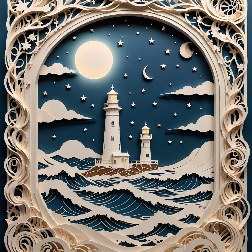 Wall portrait of a kirigami lighthouse and ocean waves, moon...