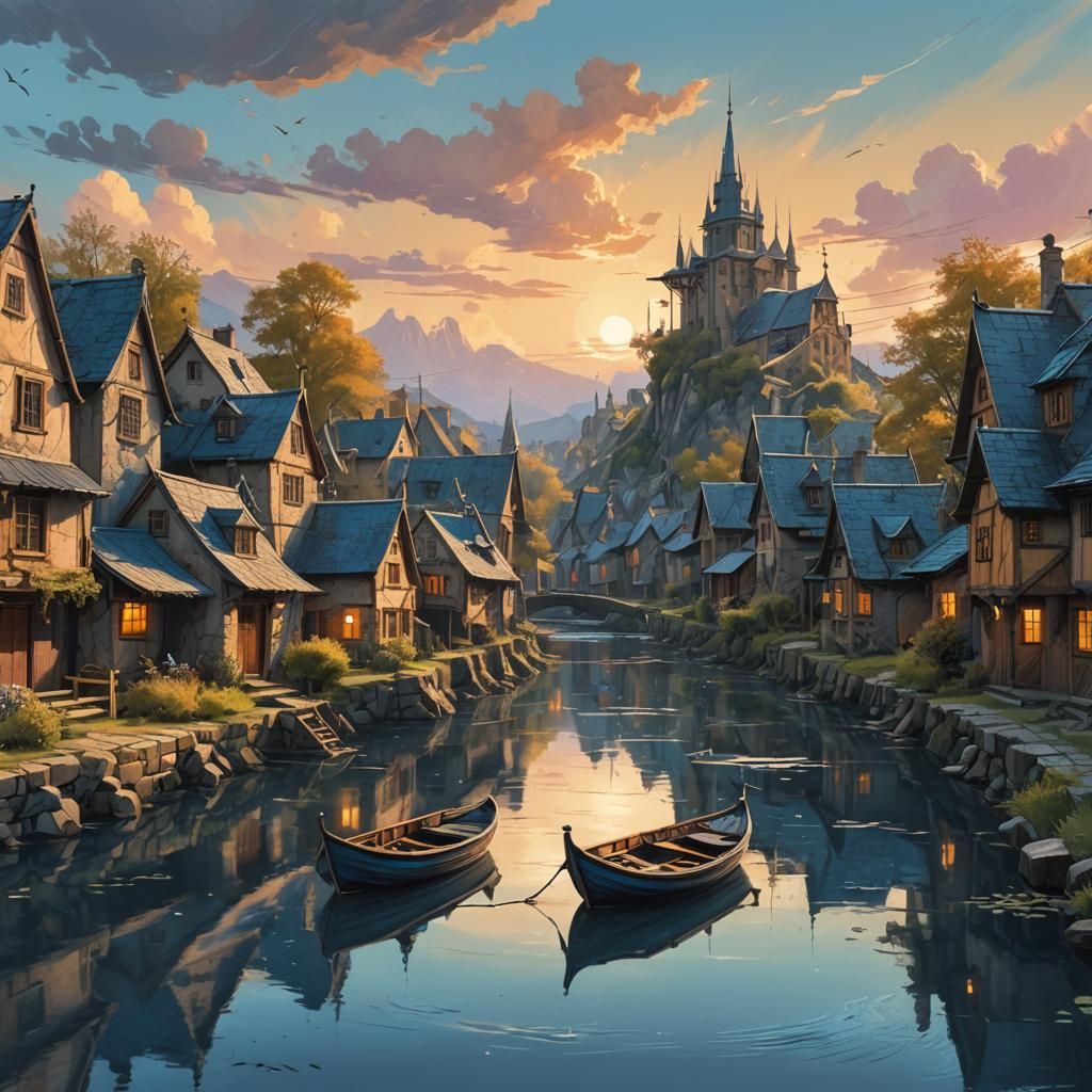 a small river with folding boat flows through a cozy village...