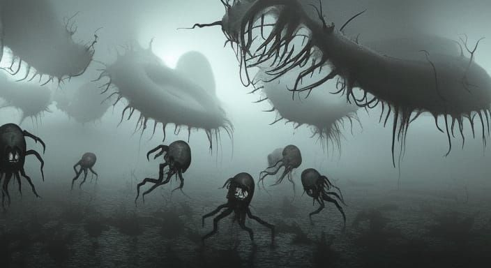 Eerie Swarm of Creatures in Dark Fantasy Landscape