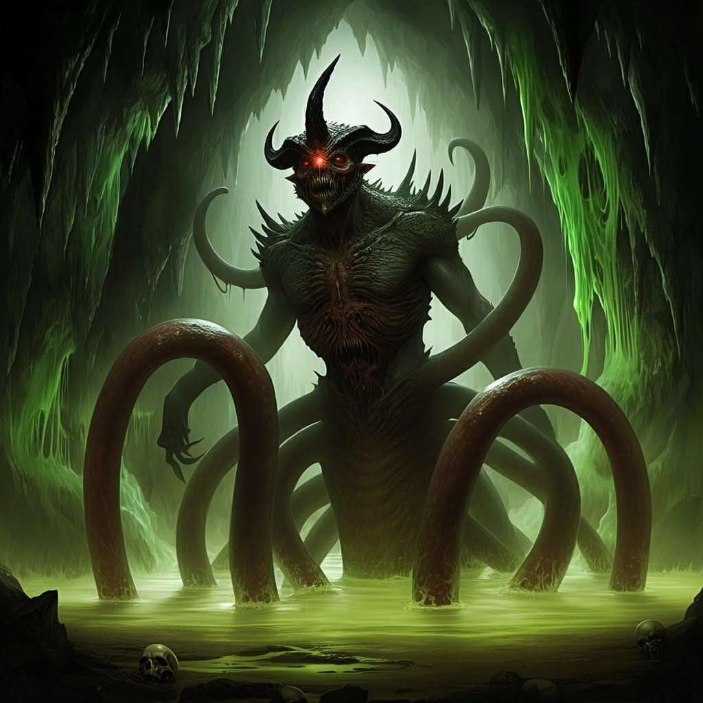 Nightmarish Lizard-Humanoid in Eerie Cavern