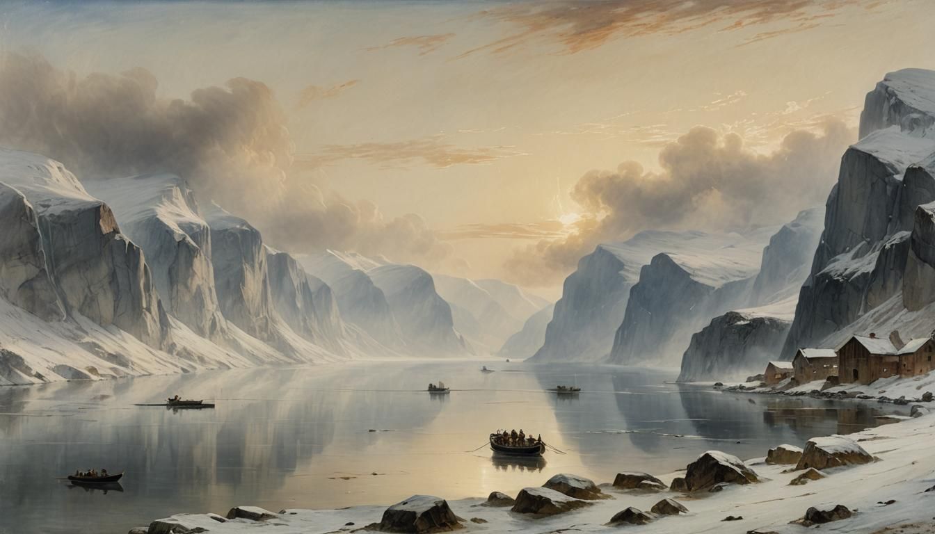 Winter Fjord Landscape in Romantic Style