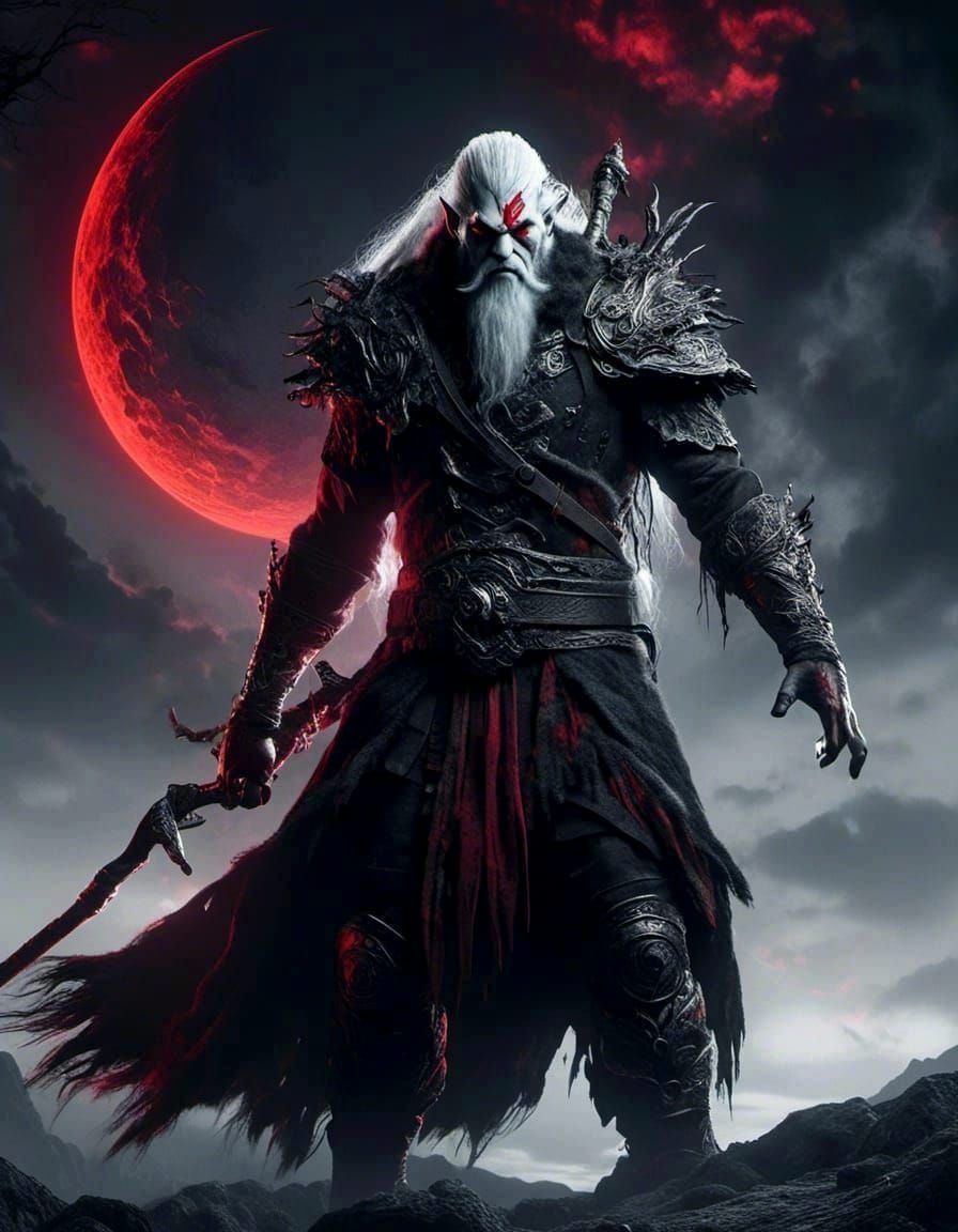 Half-Orc Warlock with Fiery Magic, Dark Fantasy Art