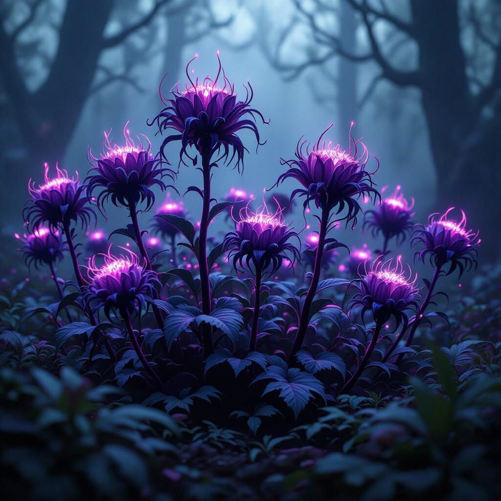 Vibrant Purple Plants Come to Life in Misty Forest