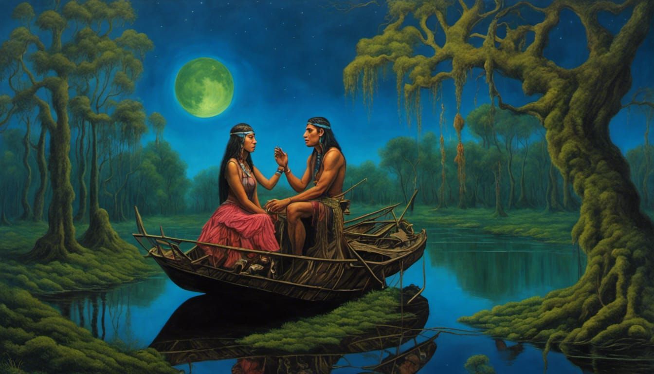 Neo-Primitivist Bayou Meeting Under Midnight Blue Sky