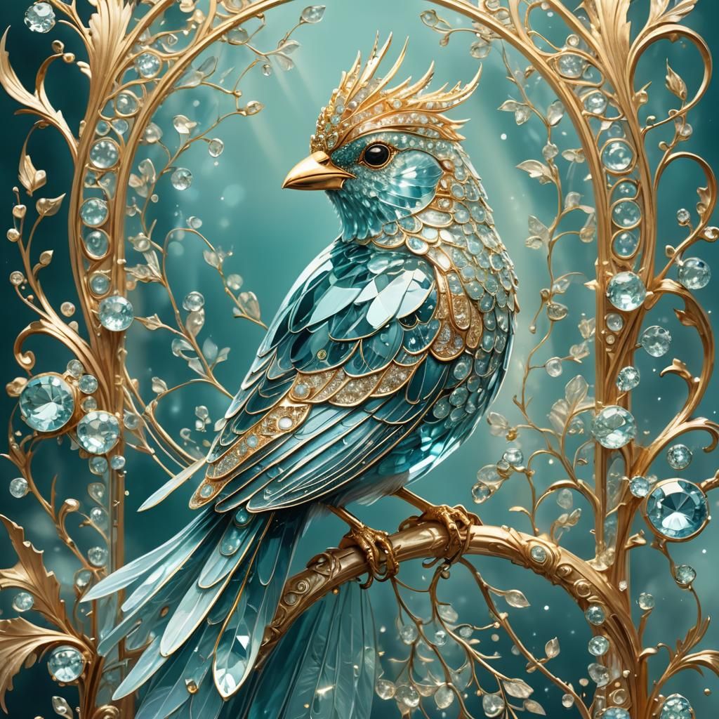 Sparkling Aquamarine Bird Portrait with Golden Filigree