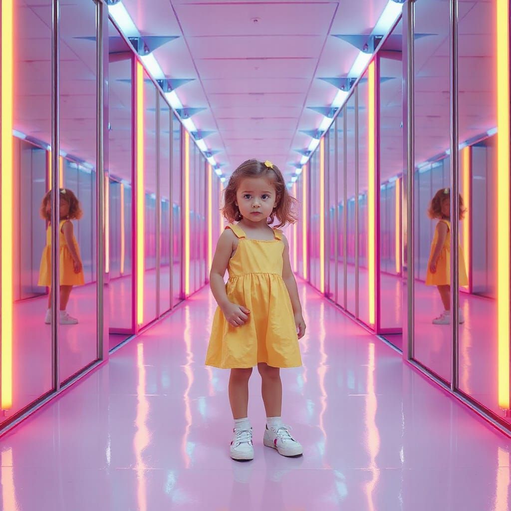 Confused Girl in Surreal Hall of Mirrors with Vibrant Colors