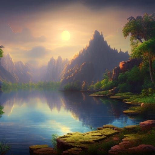 Sunset Over Tranquil Lake: Detailed Matte Painting