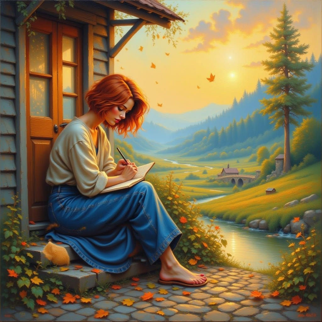 Woman Writing Letter by River in Painterly Style