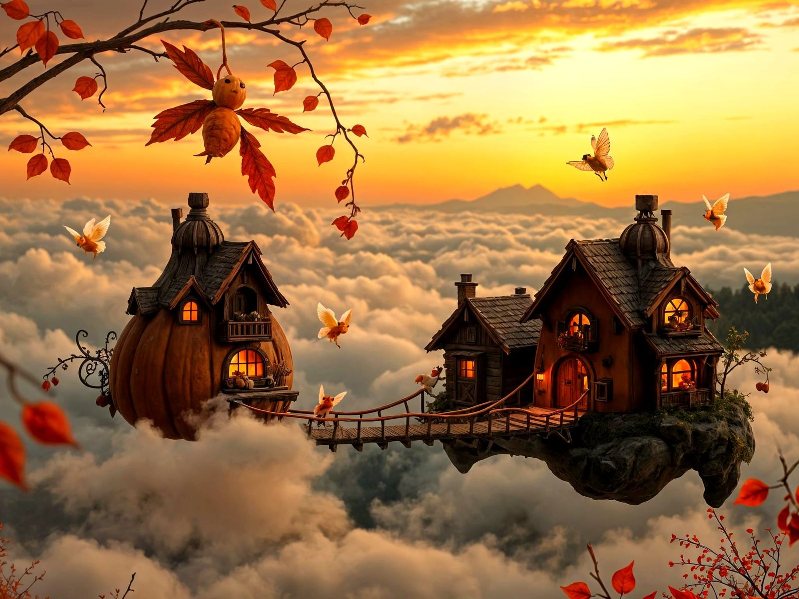 Whimsical Cloud Village with Pumpkin Homes