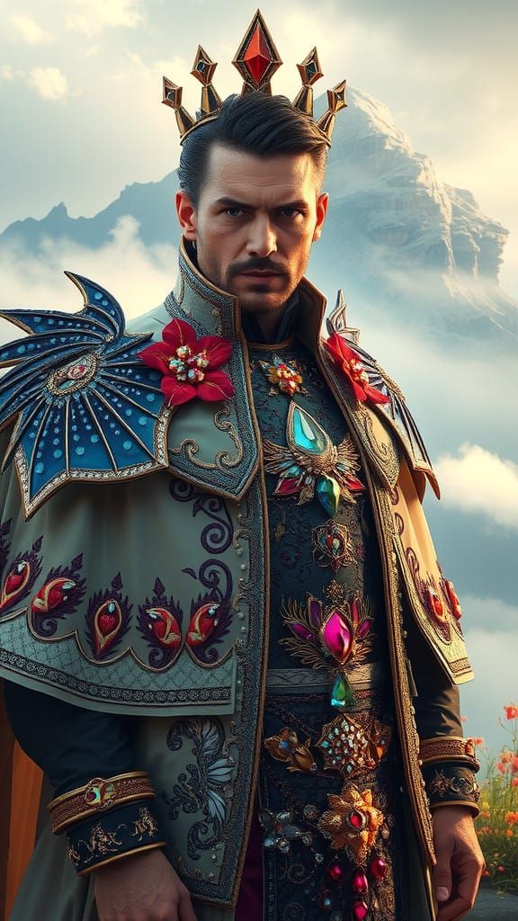 Regal Man in Shimmering Haute Couture, Dragon Wing Epaulets,...