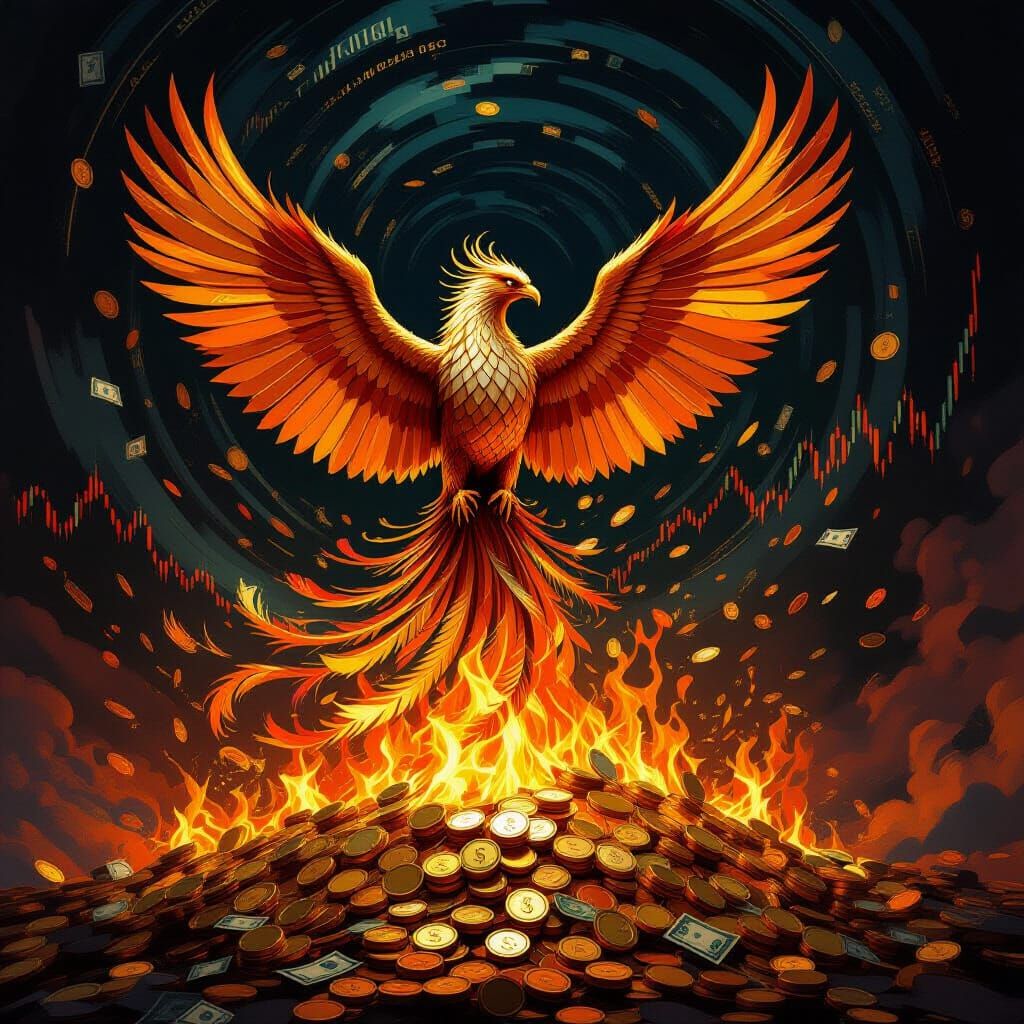 Phoenix Rises from Burning Gold in Baroque Style
