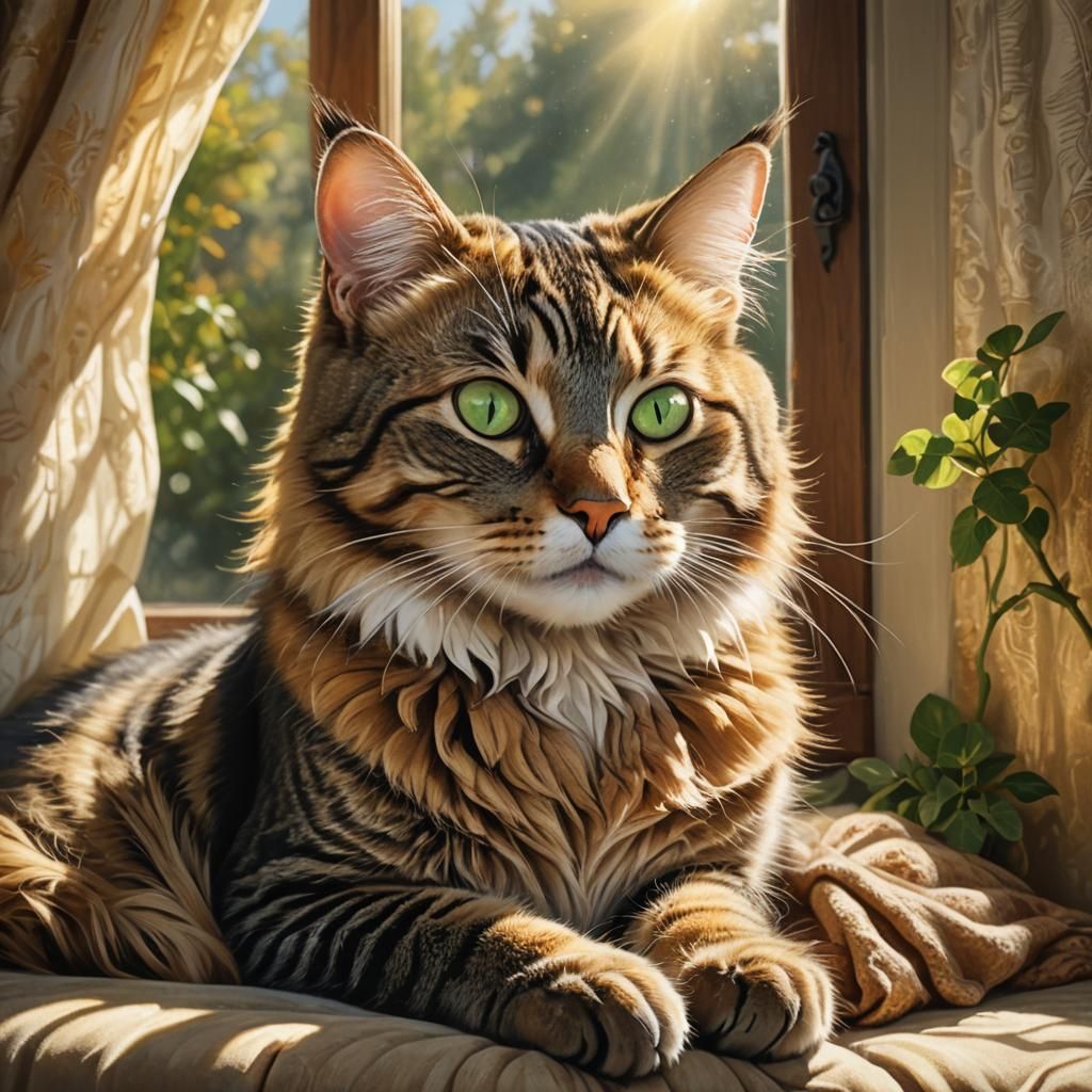 Golden Tabby Cat Napping in Sunlight: Fantasy Art
