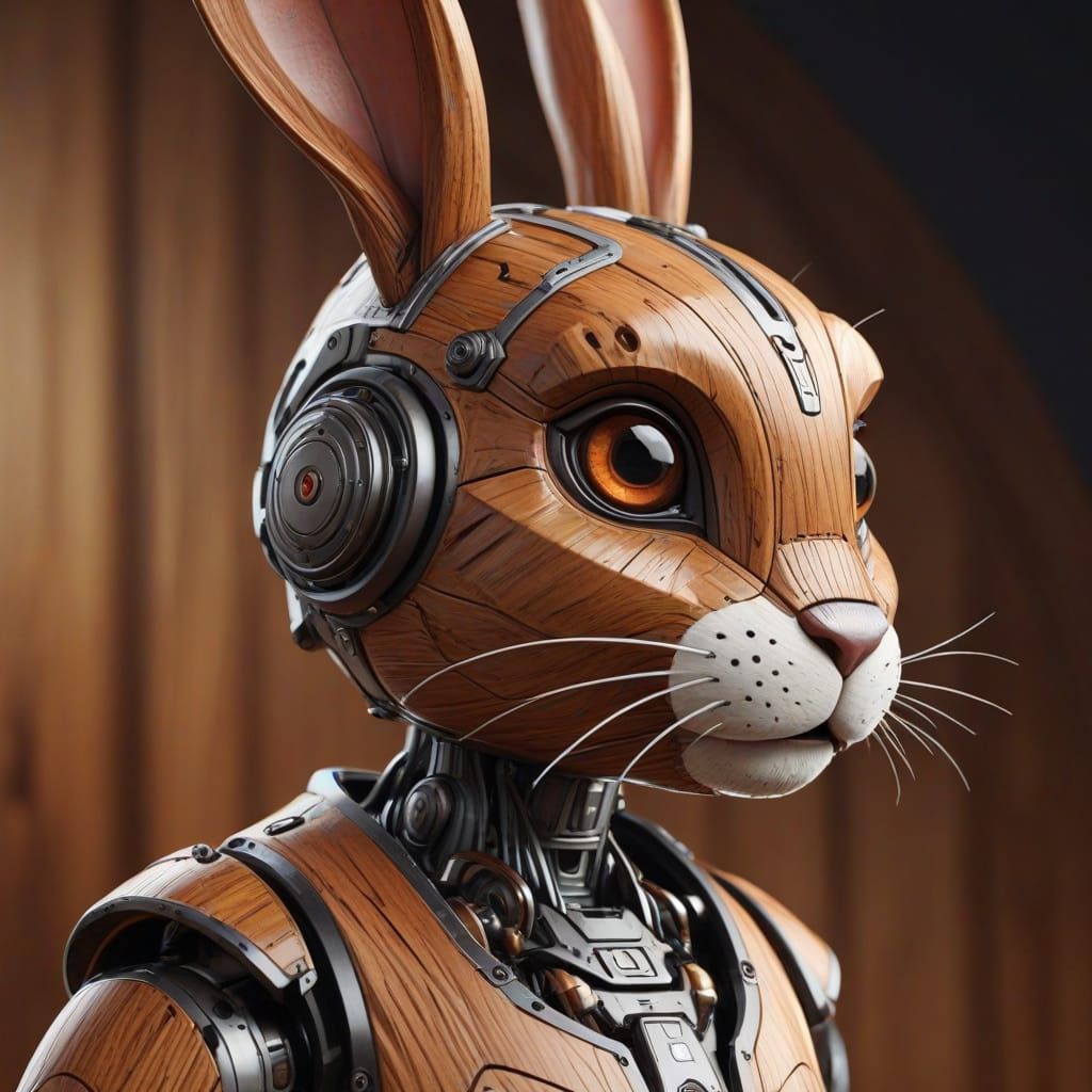 Detailed Wooden Rabbit Robot Digital Sculpture