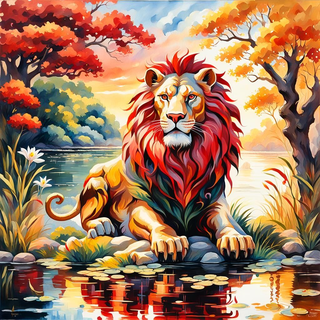 Crimson Lion Under Golden Tree: Gouache Watercolor Painting