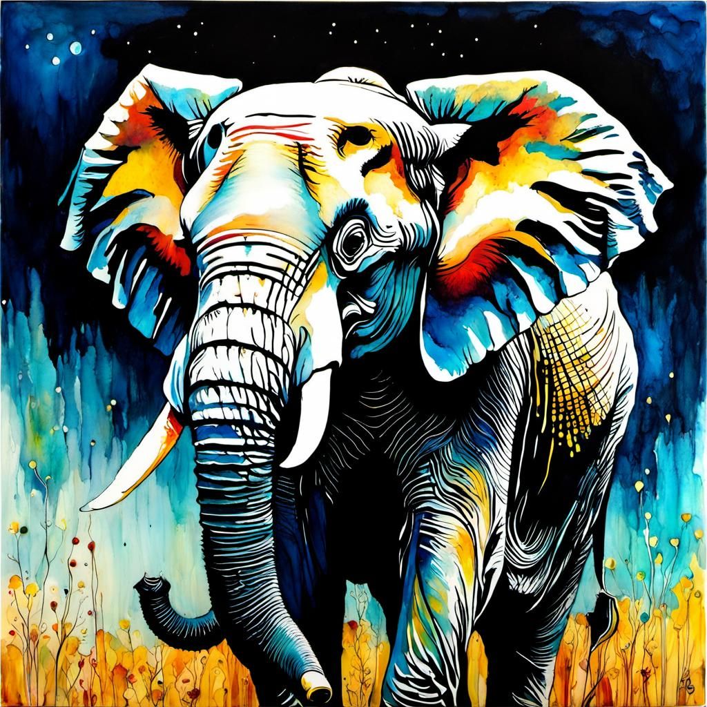 Encaustic Elephant in Van Gogh Style