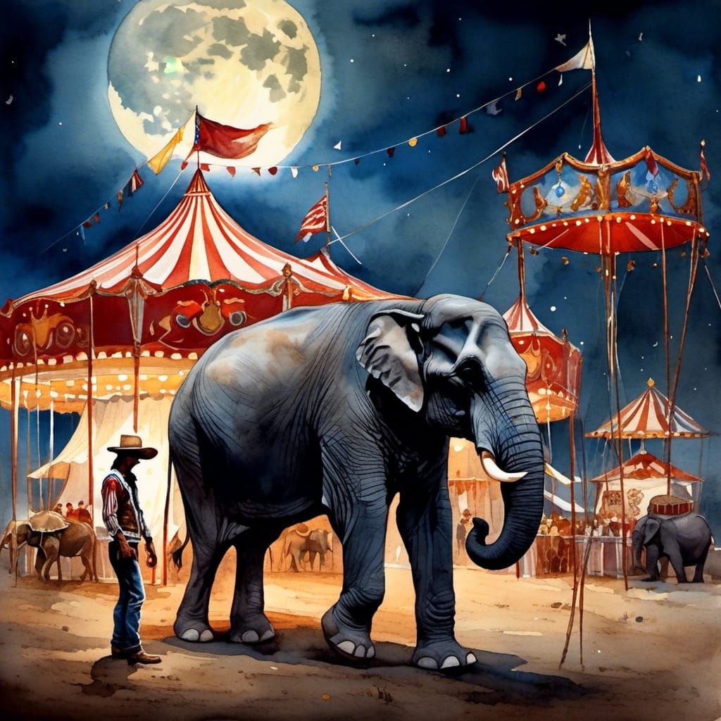 Cowboy and Elephant Circus Tent Watercolor Painting
