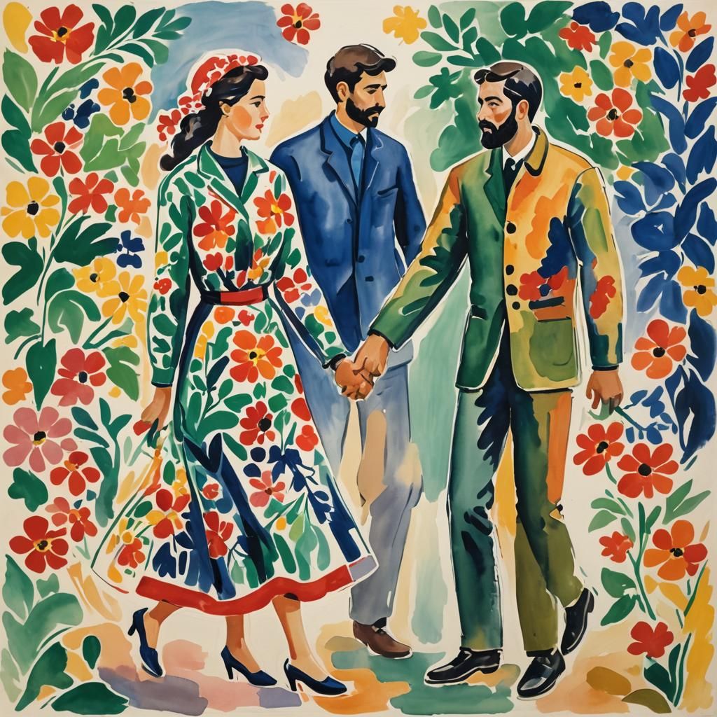 Man and Woman Holding Hands: Gouache Impressionist Style